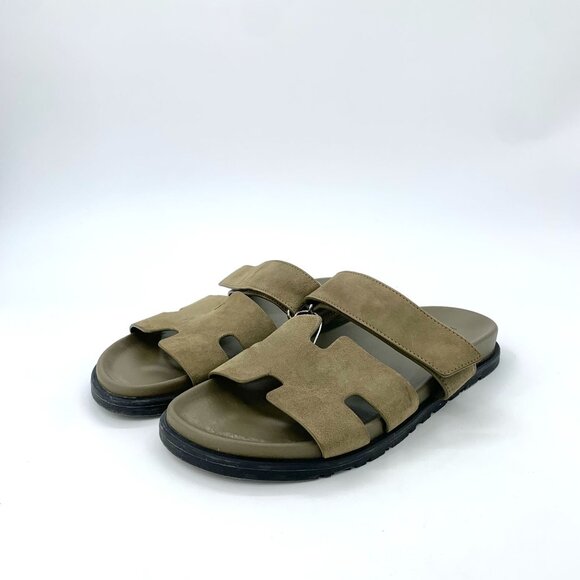 Hermès Mens Suede Leather Sandals Olive Green Slide Slip-On Footwear - Picture 1 of 8